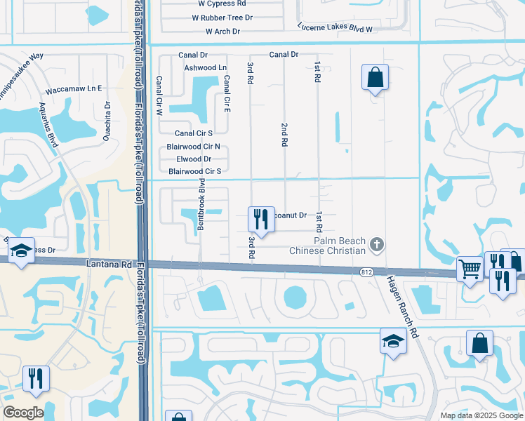 map of restaurants, bars, coffee shops, grocery stores, and more near 7585 Coconut Drive in Lake Worth