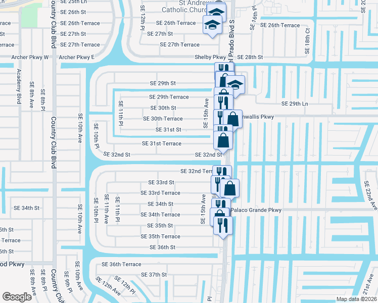 map of restaurants, bars, coffee shops, grocery stores, and more near 1421 Southeast 32nd Street in Cape Coral