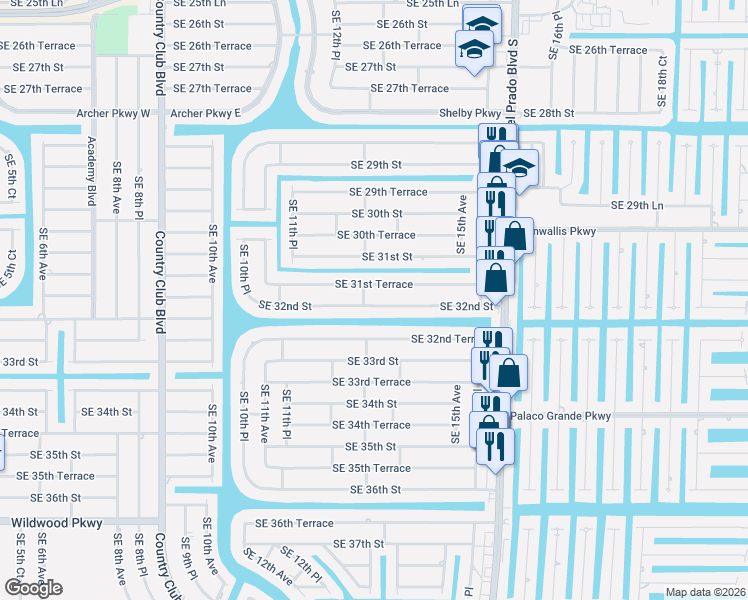 map of restaurants, bars, coffee shops, grocery stores, and more near 1217 Southeast 32nd Street in Cape Coral