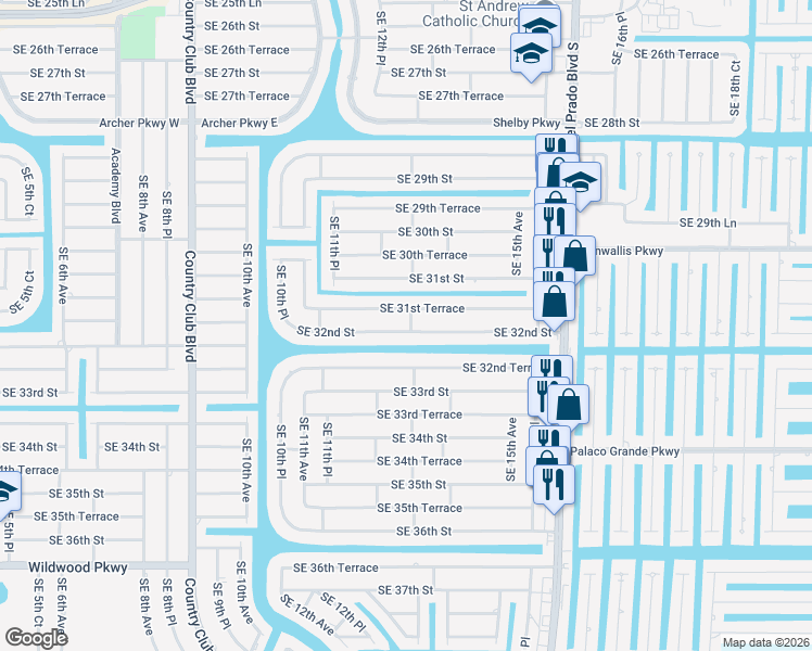map of restaurants, bars, coffee shops, grocery stores, and more near 1217 Southeast 32nd Street in Cape Coral