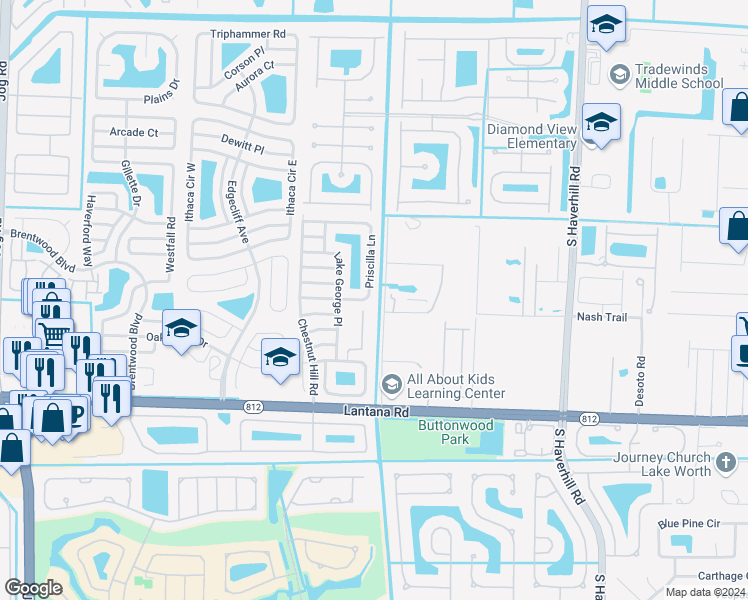 map of restaurants, bars, coffee shops, grocery stores, and more near 5648 Priscilla Lane in Lake Worth