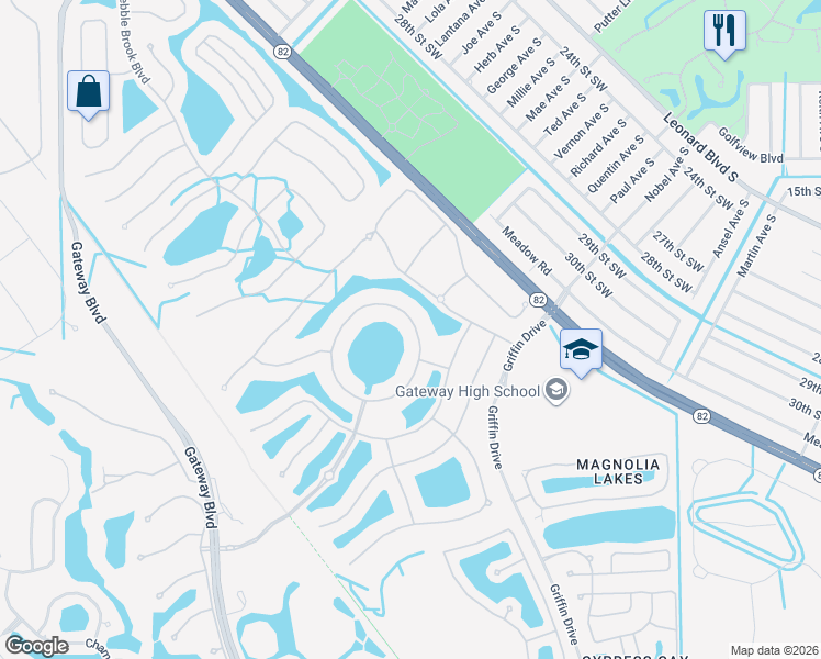 map of restaurants, bars, coffee shops, grocery stores, and more near 10096 Avalon Lake Circle in Fort Myers