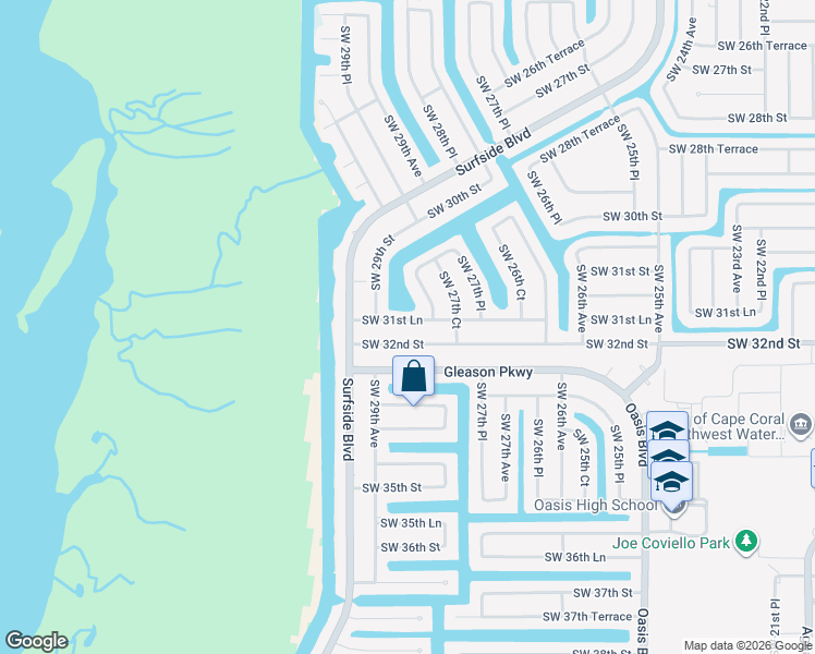 map of restaurants, bars, coffee shops, grocery stores, and more near 2814 Southwest 31st Lane in Cape Coral