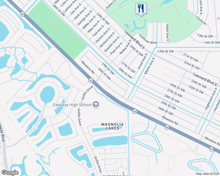 map of restaurants, bars, coffee shops, grocery stores, and more near 627 Meadow Road in Lehigh Acres