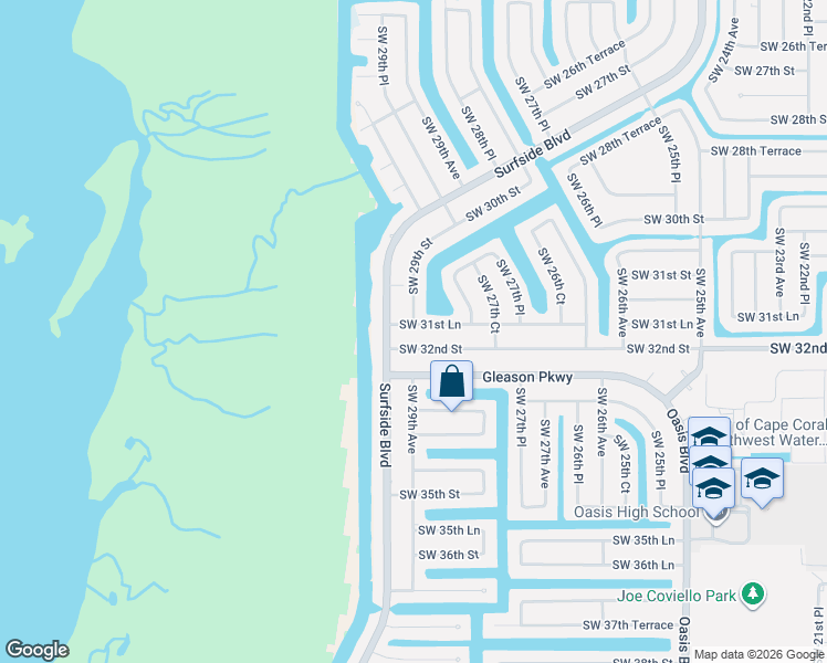 map of restaurants, bars, coffee shops, grocery stores, and more near 2834 Southwest 31st Lane in Cape Coral