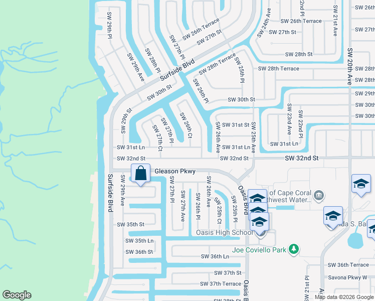 map of restaurants, bars, coffee shops, grocery stores, and more near 2644 Southwest 31st Lane in Cape Coral