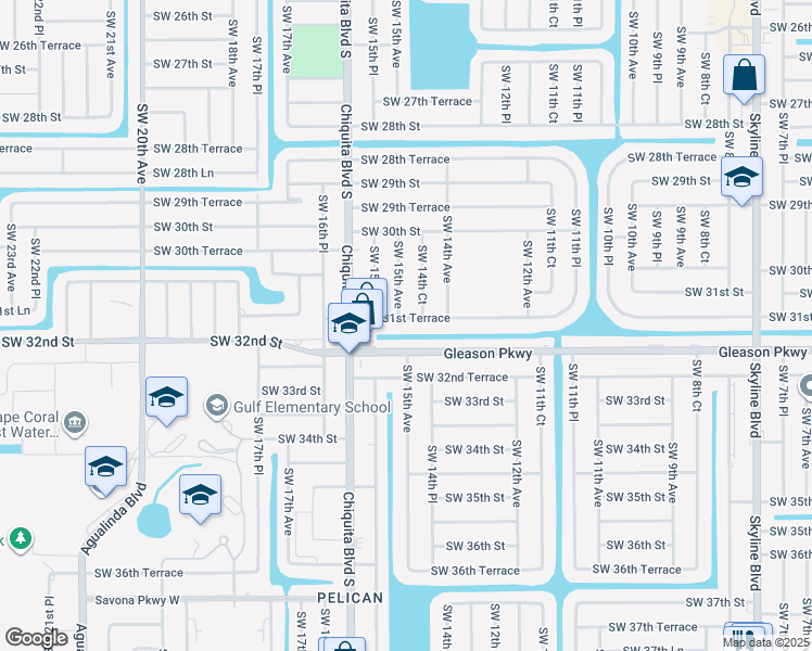 map of restaurants, bars, coffee shops, grocery stores, and more near 1424 Southwest 31st Terrace in Cape Coral