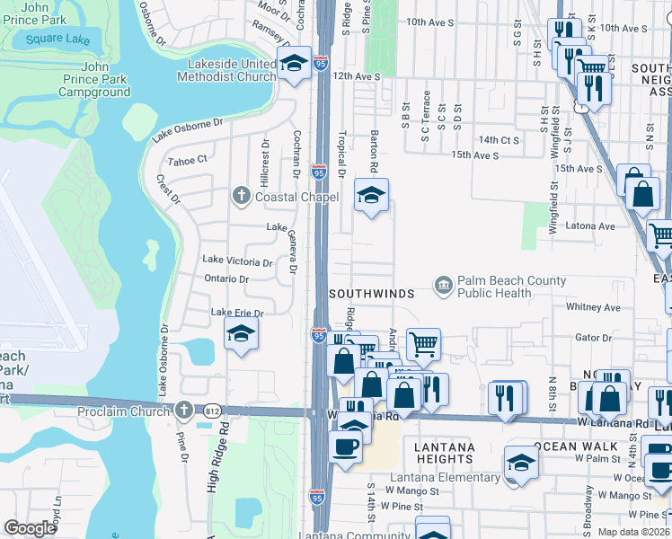 map of restaurants, bars, coffee shops, grocery stores, and more near 1607 Siesta Street in Lantana