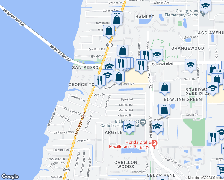 map of restaurants, bars, coffee shops, grocery stores, and more near 1360 Royal Palm Square Boulevard in Fort Myers