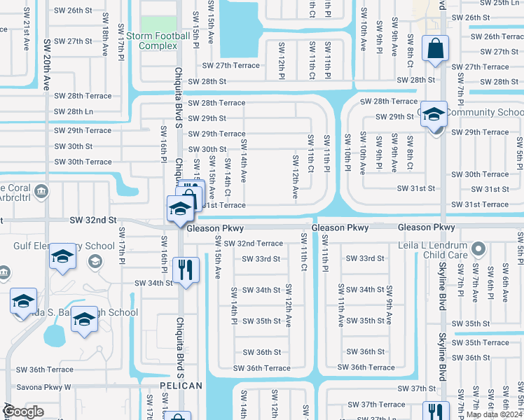 map of restaurants, bars, coffee shops, grocery stores, and more near 1304 Southwest 31st Terrace in Cape Coral