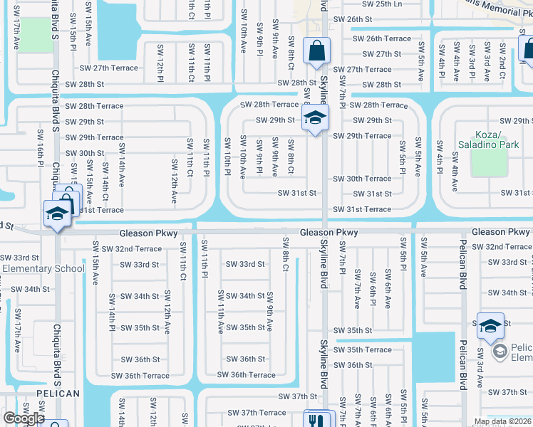 map of restaurants, bars, coffee shops, grocery stores, and more near 910 Southwest 31st Terrace in Cape Coral