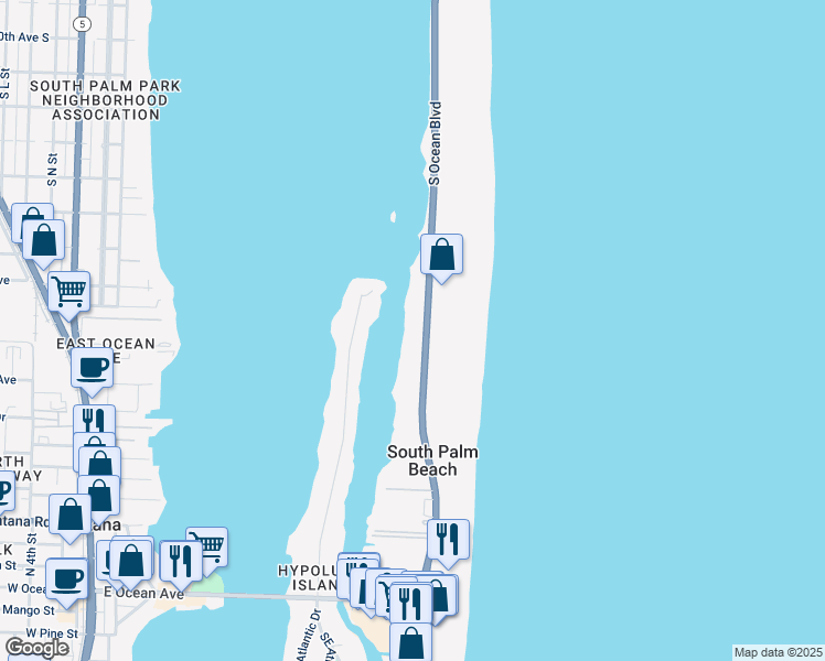 map of restaurants, bars, coffee shops, grocery stores, and more near 3501 South Ocean Boulevard in South Palm Beach