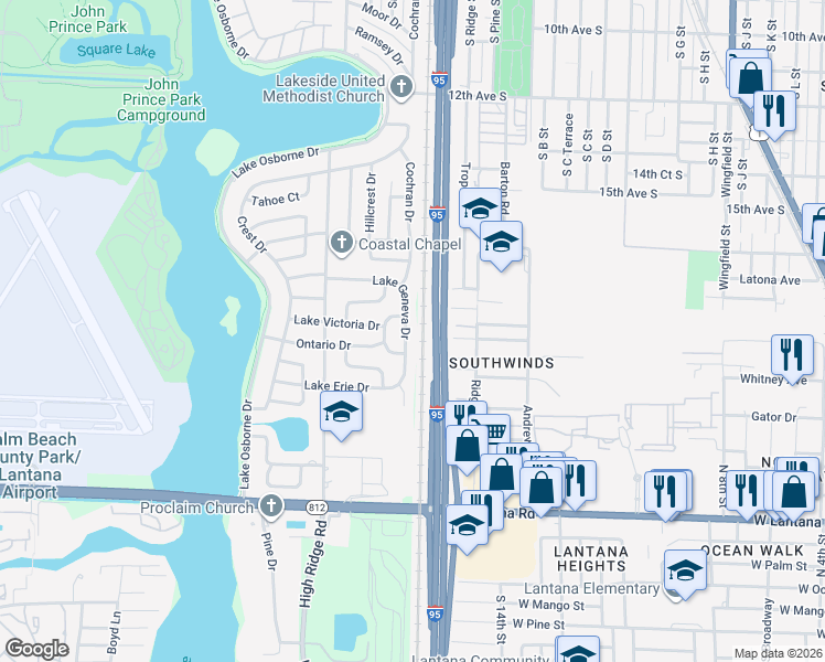 map of restaurants, bars, coffee shops, grocery stores, and more near 5588 Lake Geneva Drive in Lake Worth