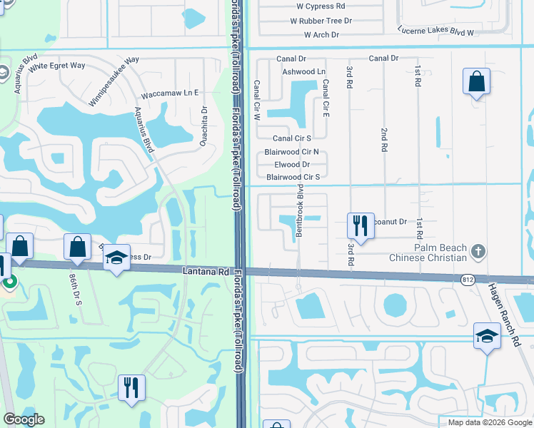 map of restaurants, bars, coffee shops, grocery stores, and more near 5609 Berrywood Drive in Lake Worth
