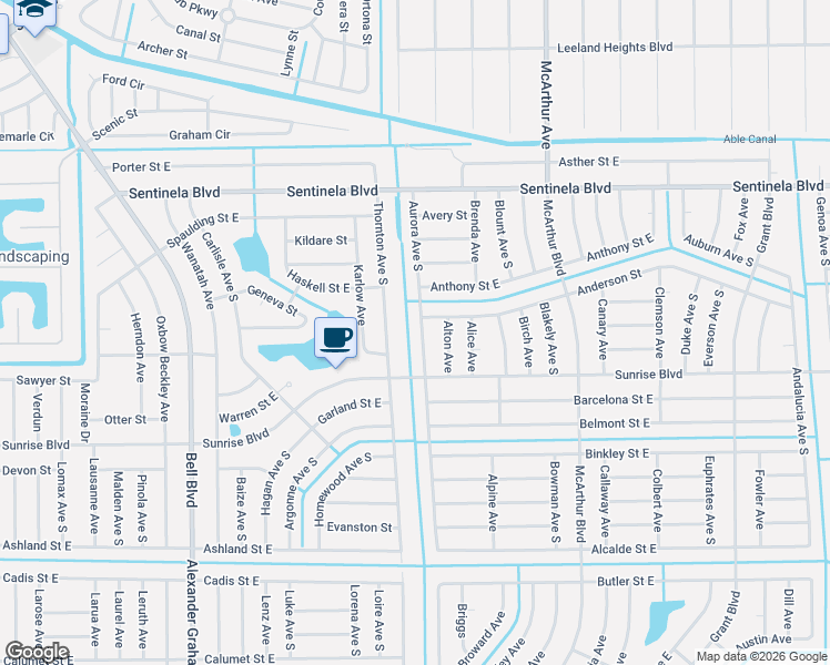 map of restaurants, bars, coffee shops, grocery stores, and more near 185 Thornton Avenue South in Lehigh Acres