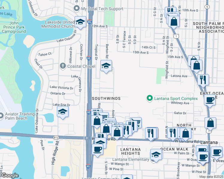 map of restaurants, bars, coffee shops, grocery stores, and more near 1300 Gateway Drive in Lantana