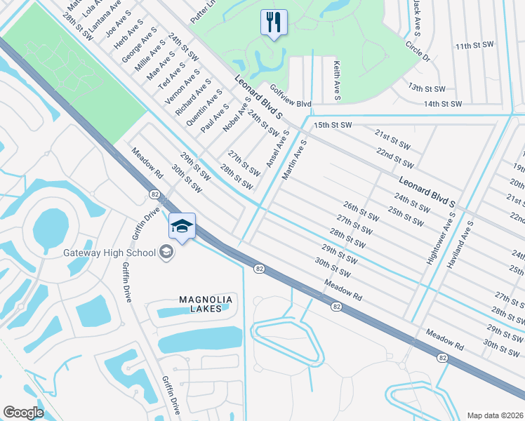 map of restaurants, bars, coffee shops, grocery stores, and more near 2810 Martin Avenue South in Lehigh Acres