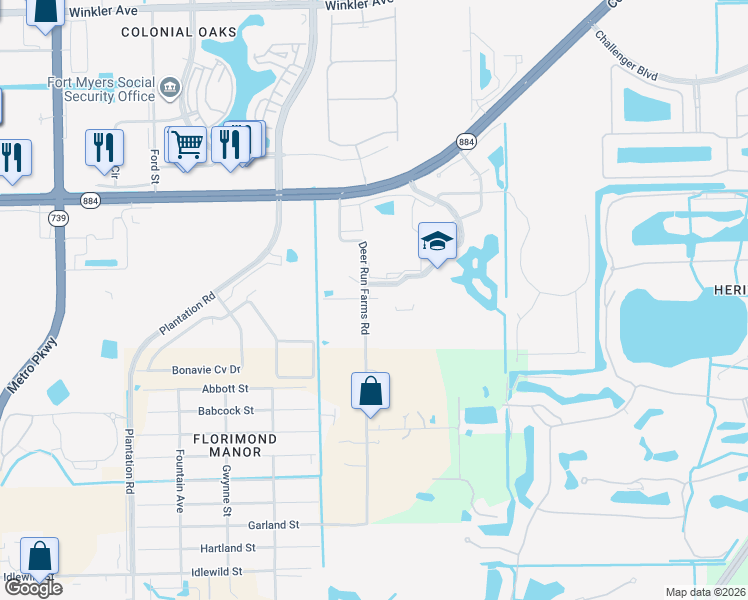 map of restaurants, bars, coffee shops, grocery stores, and more near 10275 Deer Run Farms Road in Fort Myers