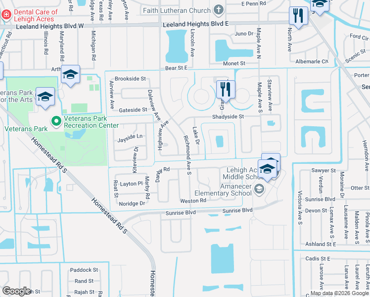 map of restaurants, bars, coffee shops, grocery stores, and more near 220 Richmond Avenue South in Lehigh Acres