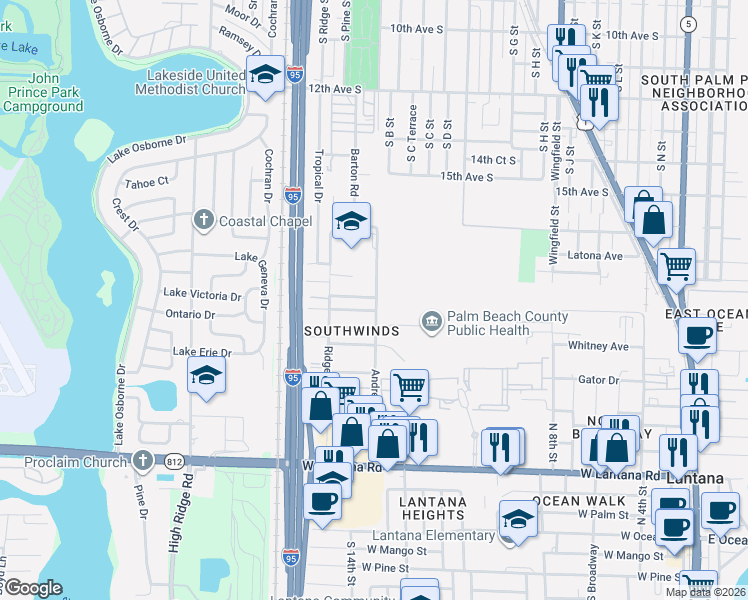 map of restaurants, bars, coffee shops, grocery stores, and more near 1300 Gateway Drive in Lantana