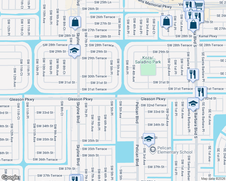 map of restaurants, bars, coffee shops, grocery stores, and more near 512 Southwest 31st Terrace in Cape Coral