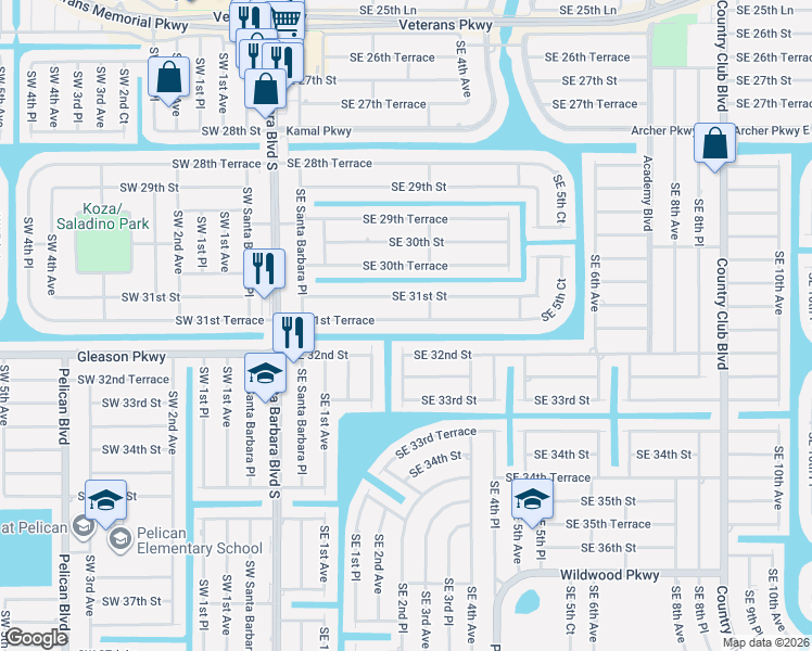 map of restaurants, bars, coffee shops, grocery stores, and more near 236 Southeast 31st Terrace in Cape Coral