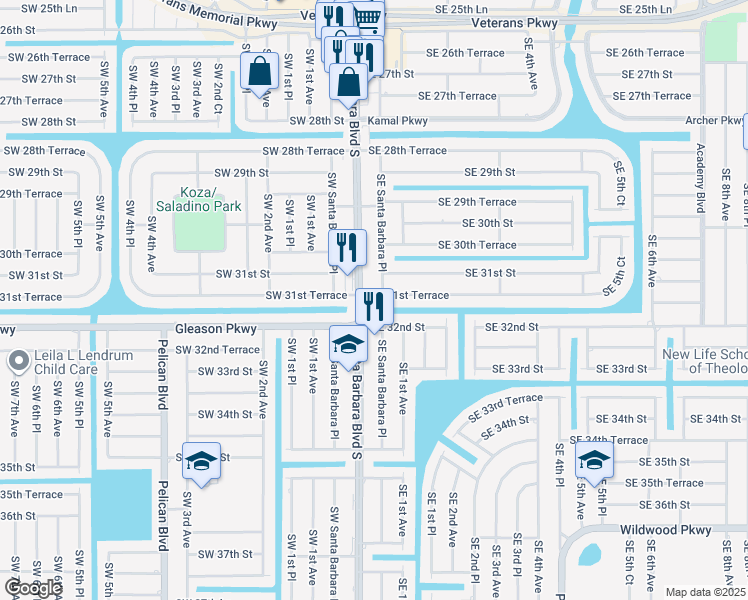 map of restaurants, bars, coffee shops, grocery stores, and more near 106 Southeast 31st Terrace in Cape Coral