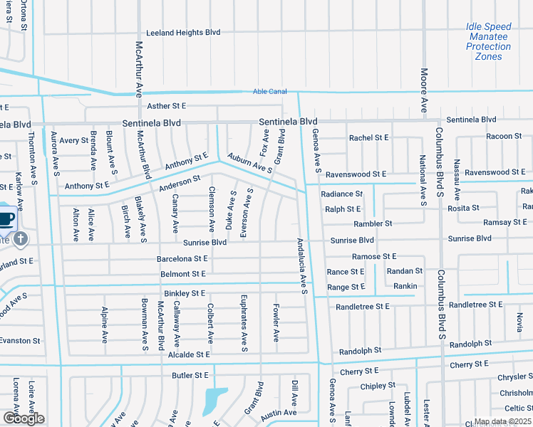 map of restaurants, bars, coffee shops, grocery stores, and more near 1212 Grant Boulevard in Lehigh Acres