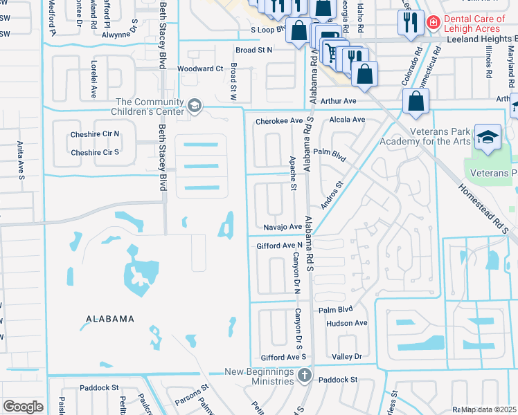 map of restaurants, bars, coffee shops, grocery stores, and more near 1127 Navajo Avenue in Lehigh Acres