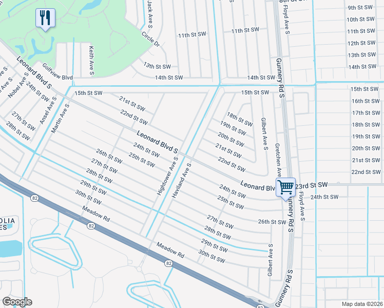 map of restaurants, bars, coffee shops, grocery stores, and more near 4556 Leonard Boulevard South in Lehigh Acres