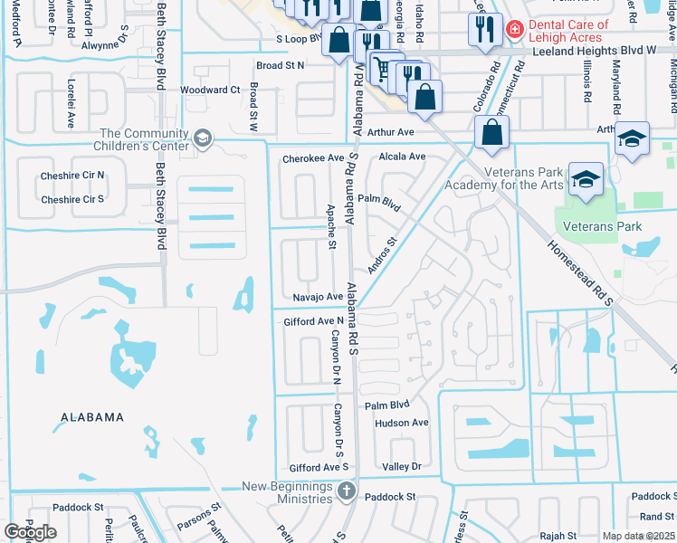 map of restaurants, bars, coffee shops, grocery stores, and more near 126 Apache Street in Lehigh Acres