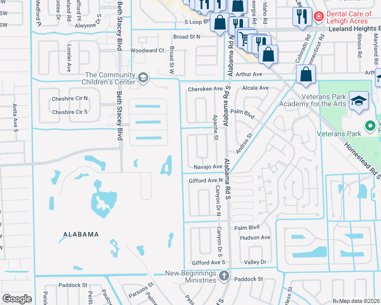 map of restaurants, bars, coffee shops, grocery stores, and more near 1127 Navajo Avenue in Lehigh Acres