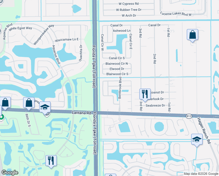 map of restaurants, bars, coffee shops, grocery stores, and more near 5609 Berrywood Drive in Lake Worth