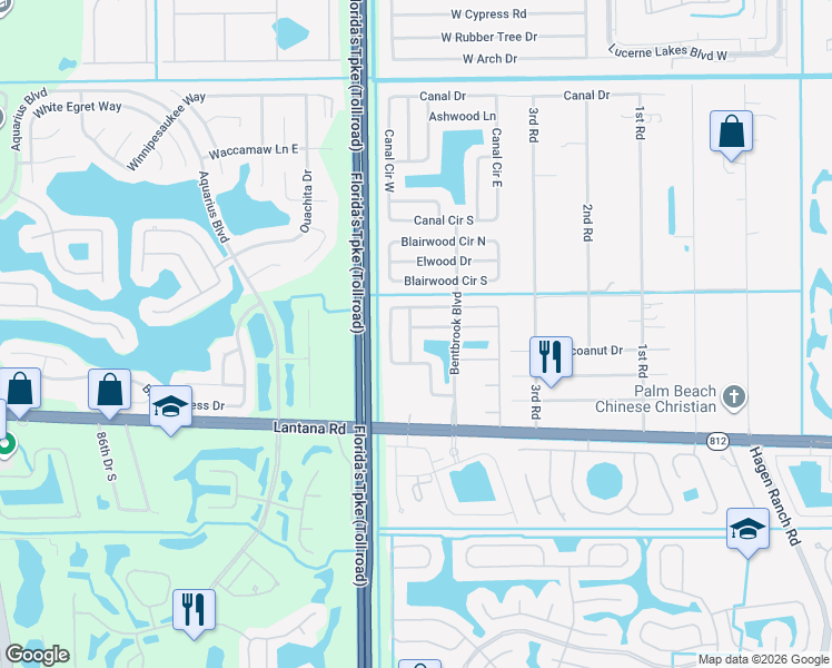 map of restaurants, bars, coffee shops, grocery stores, and more near 7954 Blackwood Lane in Lake Worth