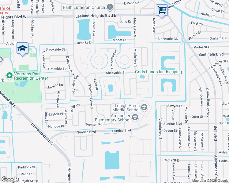 map of restaurants, bars, coffee shops, grocery stores, and more near 519 Parkside Street in Lehigh Acres