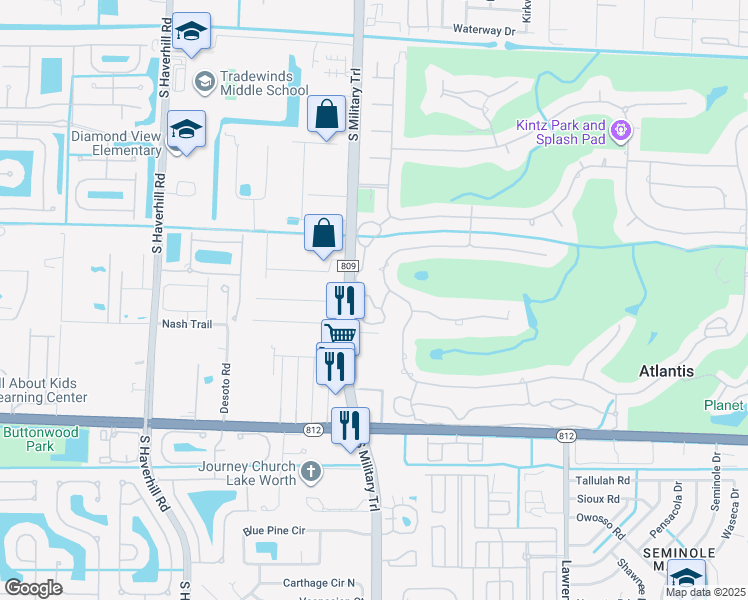 map of restaurants, bars, coffee shops, grocery stores, and more near 704 Muirfield Circle in Atlantis