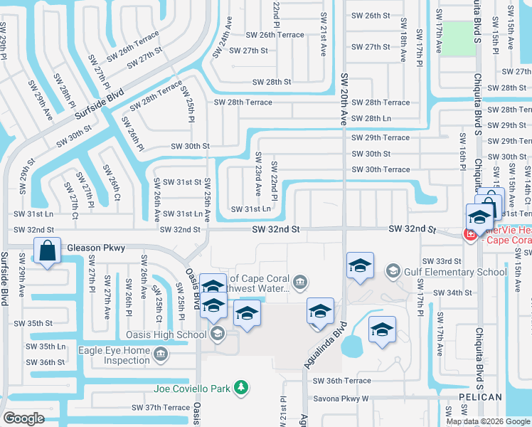 map of restaurants, bars, coffee shops, grocery stores, and more near 2228 Southwest 31st Lane in Cape Coral