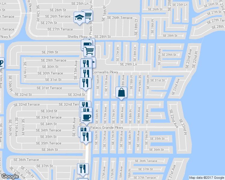 map of restaurants, bars, coffee shops, grocery stores, and more near 3114 Southeast 17th Place in Cape Coral