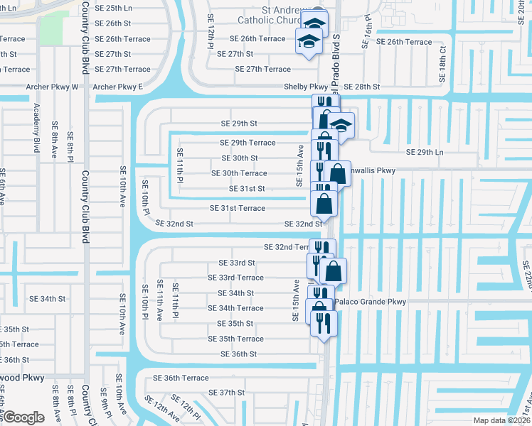 map of restaurants, bars, coffee shops, grocery stores, and more near 1421 Southeast 32nd Street in Cape Coral