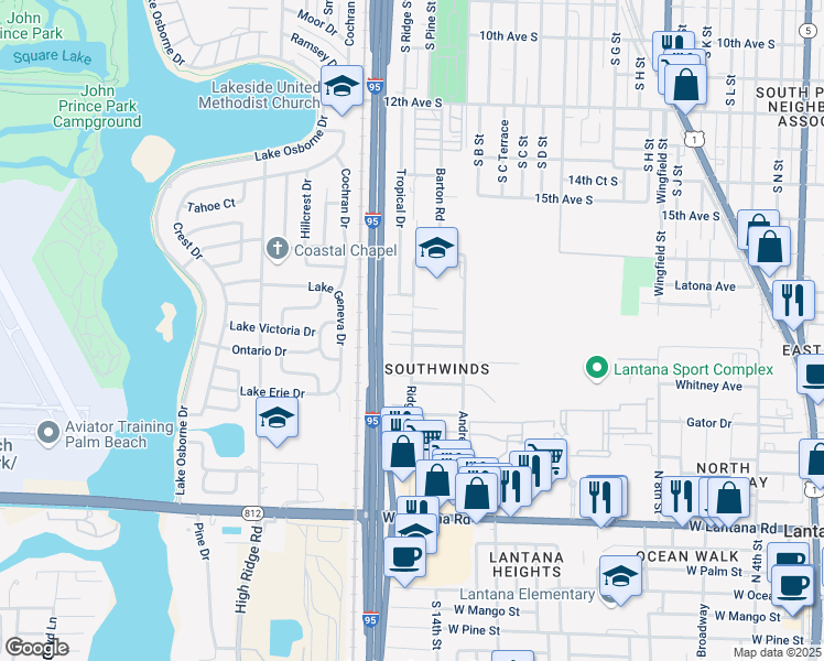 map of restaurants, bars, coffee shops, grocery stores, and more near 1332 Gateway Drive in Lantana