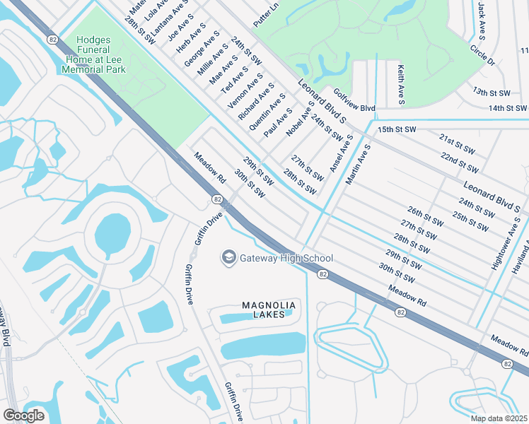 map of restaurants, bars, coffee shops, grocery stores, and more near 625 Meadow Road in Lehigh Acres