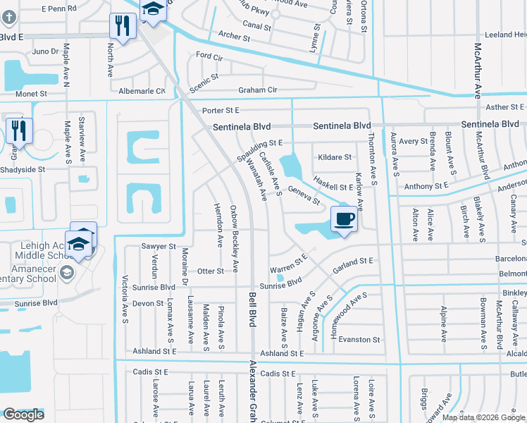 map of restaurants, bars, coffee shops, grocery stores, and more near 167 Bell Boulevard in Lehigh Acres