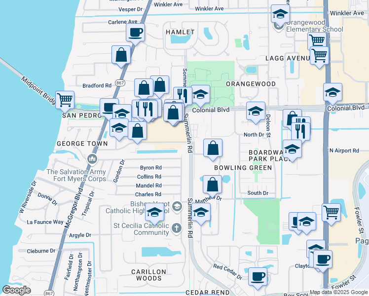 map of restaurants, bars, coffee shops, grocery stores, and more near in Fort Myers