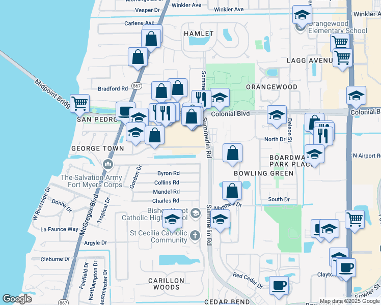 map of restaurants, bars, coffee shops, grocery stores, and more near 1516 Royal Palm Square Boulevard in Fort Myers