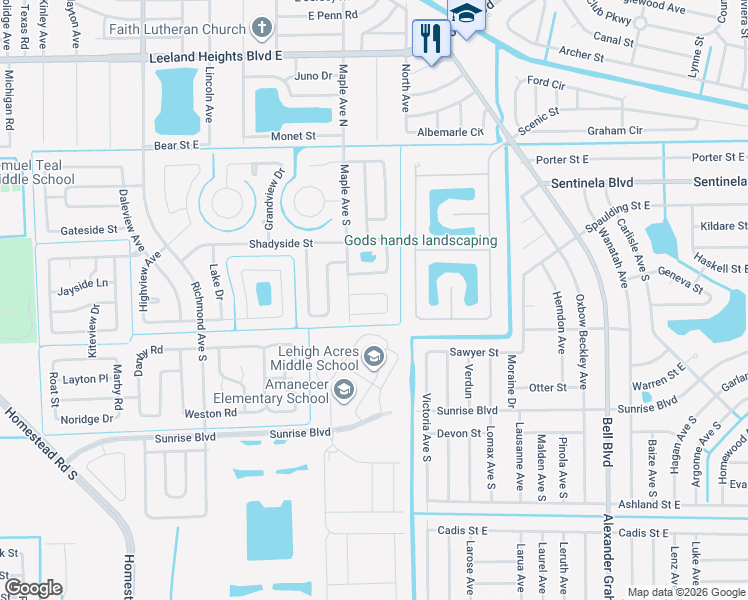 map of restaurants, bars, coffee shops, grocery stores, and more near 807 Gardenside Court in Lehigh Acres