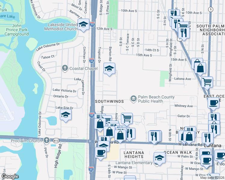 map of restaurants, bars, coffee shops, grocery stores, and more near 1332 Gateway Drive in Lantana