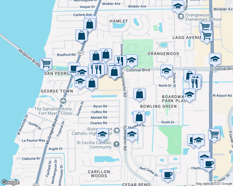 map of restaurants, bars, coffee shops, grocery stores, and more near 1516 Royal Palm Square Boulevard in Fort Myers