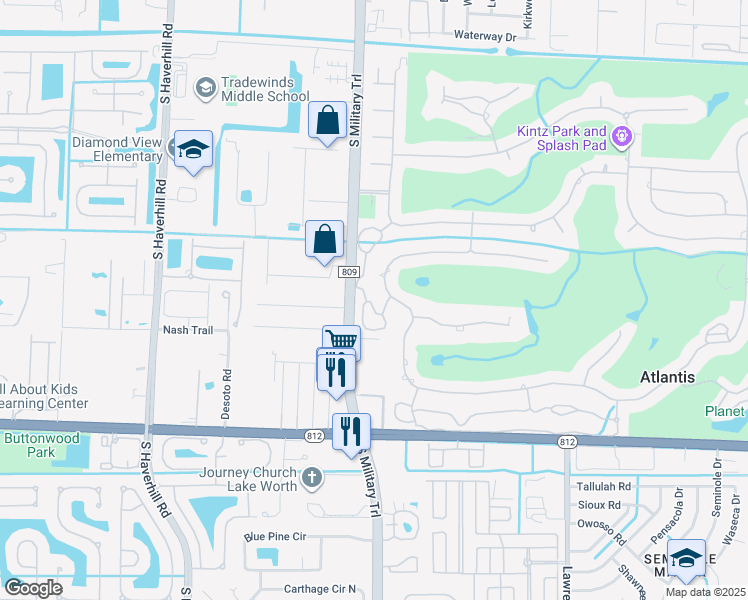 map of restaurants, bars, coffee shops, grocery stores, and more near 704 Muirfield Circle in Atlantis