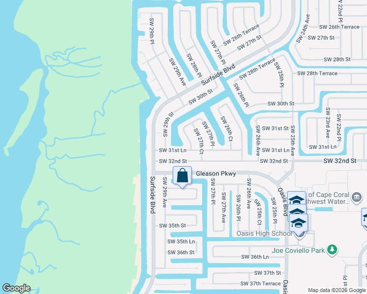 map of restaurants, bars, coffee shops, grocery stores, and more near 2814 Southwest 31st Lane in Cape Coral