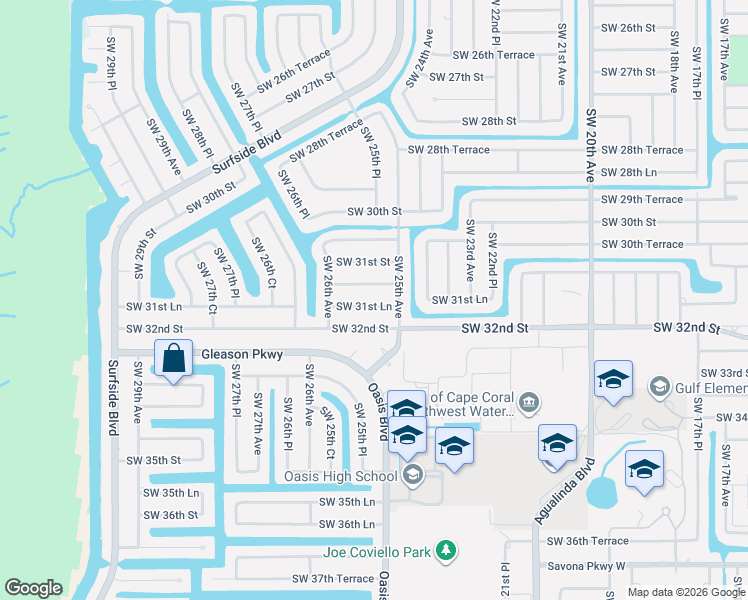 map of restaurants, bars, coffee shops, grocery stores, and more near 2514 Southwest 31st Lane in Cape Coral